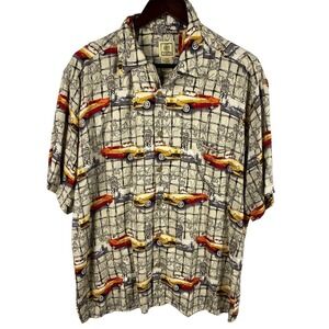 Morro Bay Hawaiian Shirt Medium Button Down Mens Hot Rod Cars Tropical Rayon